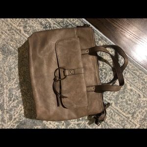 Tan faux leather handbag with shoulder strap